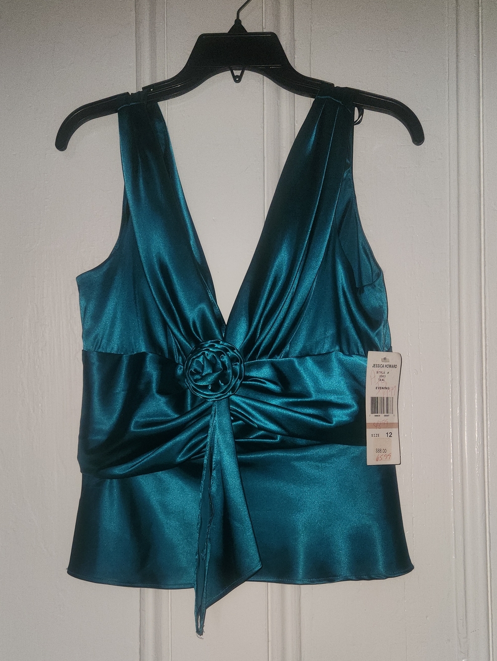 Jessica Howard Teal Satin V-Neck Evening Top with Rosette